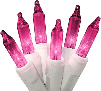 612 Vermont 50 Pink Christmas Lights on a White Wire String, UL Approved, Indoor and Outdoor Use, 9 Foot of Lighted Length, 11 Foot of Total Length