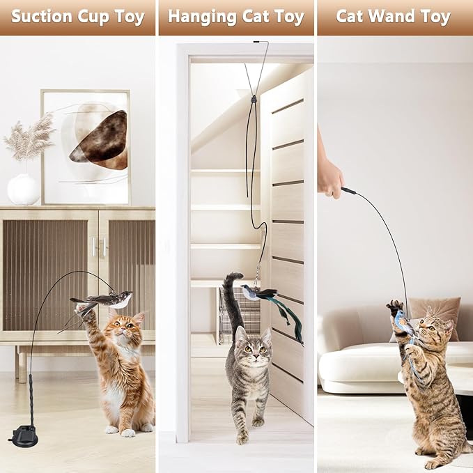 Cat Toys for Indoor Cats, Interactive Bird Cat Toy Self-Holding Suction Base with 5 Replaceable Birds, Door Hanging String, Feathers & Bells | Chase, Jump & Exercise for Kittens/Adult Cats-Mewly Pet