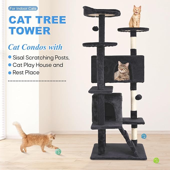FDW Cat Tree 54in Cat Tower Multi-Level Durable Cat Scratching Post & Cozy Fun Cat Jumping Platform Space Saving Cat Condo Pet Play House for Indoor Cats,Dark Gray-Mewly Pet