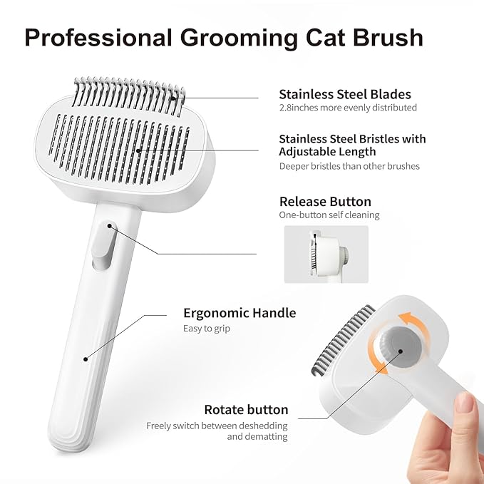 2-in-1 Deshedding Brush & Dematting Comb for Cats, Cat Brush for Long Haired Cats, Effectively Removes Matted Fur & Tangles, White-Mewly Pet