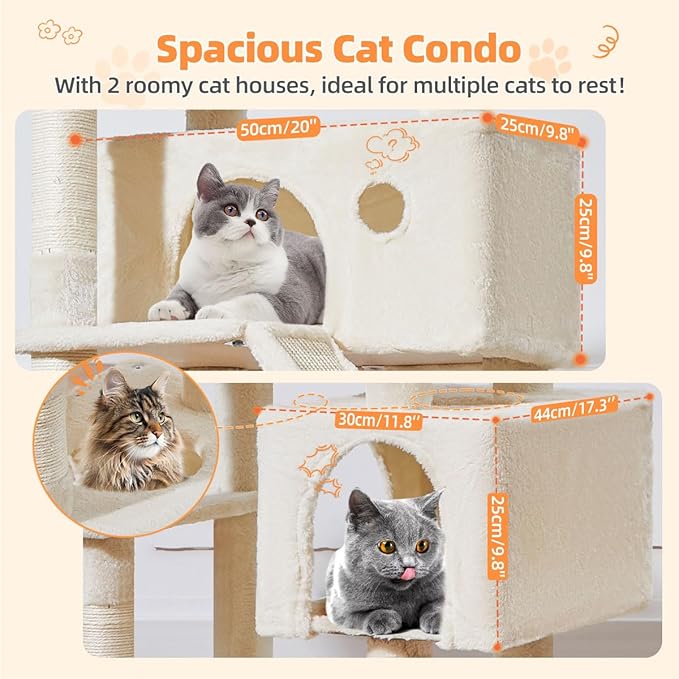 Taoqimiao Cat Tree 71-Inch, Cat Tower for Indoor Cats Large Adult, Multi-Level Large Cat Condo, 8 Sisal Scratching Posts, Metal Frame Cozy Hammock, Scratch Board, 2 Top Perches, Beige MS026LM-Mewly Pet