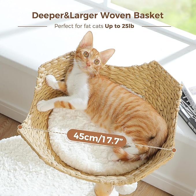 PAWZ Road Cat Tree for Indoor Cats Large Adults,38 Inches Modern Cat Tree Tower with Spacious Wicker Basket,Natural Solid Wood Scratching Posts,Curved Bed,Luxury Cat Condo for Large Cat-Mewly Pet