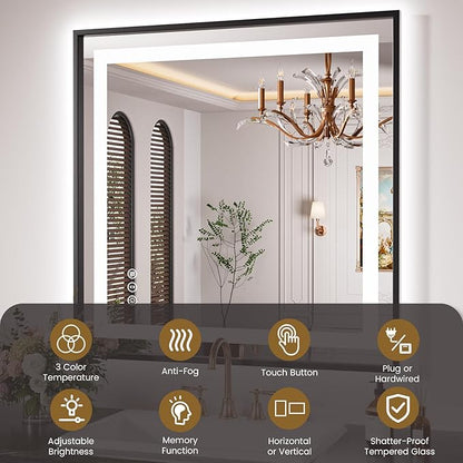 LED Bathroom Mirror,36"x36" Mirror with Black Frame, Front Light and Backlit, Stepless Dimmable, Anti-Fog, Shatter-Proof, Memory, 3 Colors, Double LED Vanity Mirror