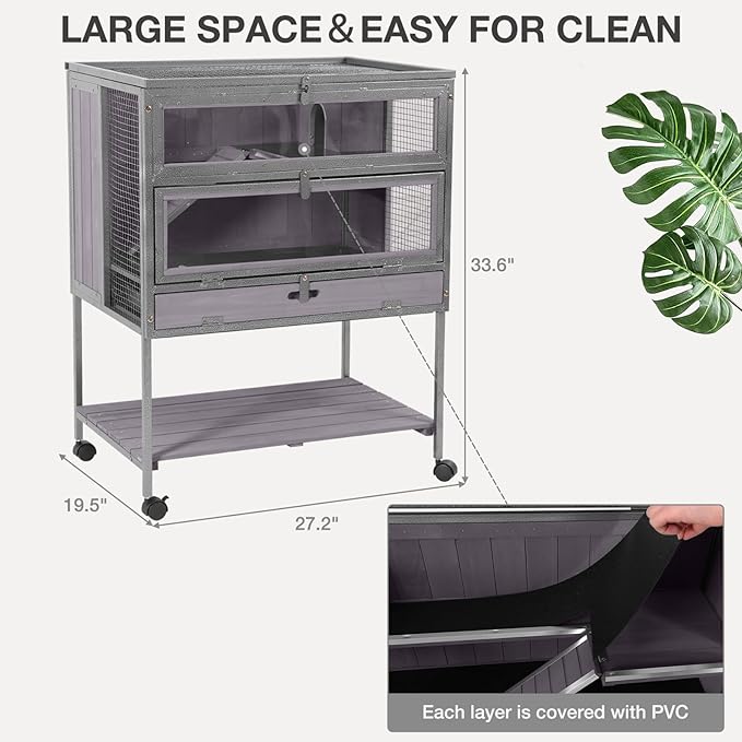 Guinea Pig Cage, Moveable Metal Frame Hamster Cage Anti-Chewing with Aluminium Alloy Edge, Hideouts, Ramps, Seesaws Chewing Toy, Deeper Pull-Out Leakproof Tray for Indoor Outdoor(Grey-Mewly Pet