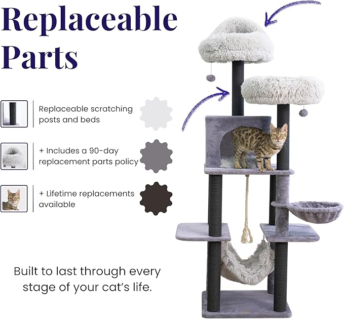 Catry Bradbury 7-Level 62.5” Modern Cat Tree with Replaceable Scratching Posts,Big Condo,Two Washable Beds, Two Hammocks,Quick Assembly, for Multi-Cat Homes(Cloud Gray)-Mewly Pet
