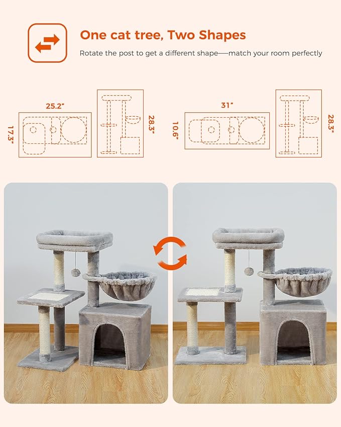 PEQULTI Small Cat Tree, [28.5''] Cat Tower for Indoor Cats, 2 Styles Activity Tree with Cat Scratching Posts, Big Hammock and Removable Top Perch Grey-Mewly Pet
