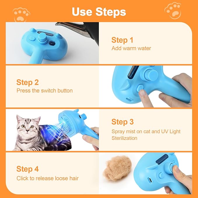 Cat Steam Brush for Shedding, 4 in 1 Steamy Cat Brush with Release Button, Self Cleaning Metal Pet Misting Hair Comb with Handle for Grooming Kitten Dog(Blue)-Mewly Pet