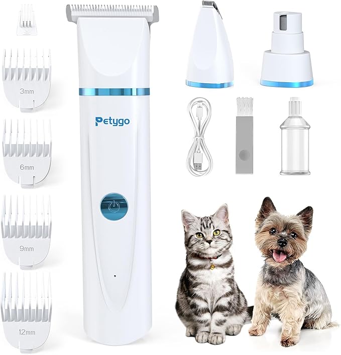 3-in-1 Dog & Cat Grooming Kit - Rechargeable Cordless Pet Hair Clippers with Nail Grinder & Paw Trimmer & 5 Guide Combs, Low Noise Dog Clippers for Grooming Small Medium Pets-Mewly Pet