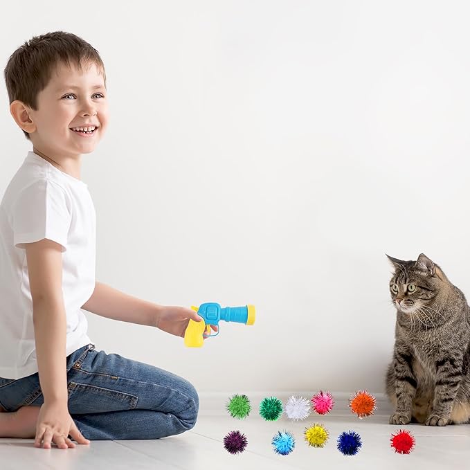Dorhui Cat Toy Gun Launcher - 30 Pcs Sparkle Pom Pom Balls and Ball Launcher, Fetch Toy Gun Shooter, Interactive Glitter Balls for Indoor Cats and Kitty Gifts-Mewly Pet