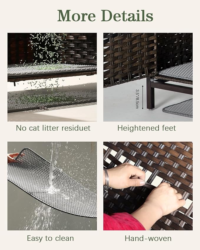 Cat Litter Box Enclosure Furniture with Divider, Handwoven Rattan Litter Box with Mat, 31.2 x 19.6 x 24.2 Inches, Metal Heightened Feet, Hidden Cat House for Living Room, Bedroom (Brown)-Mewly Pet