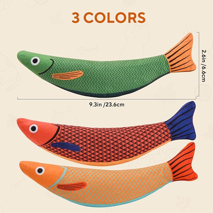 AUSCAT Cat Catnip Toys, 3PCS Catnip Fish Toy for Cats, Cat Kicker Toys with Crinkle Sound, Interactive Plush Soft Cat Toys for Indoor Cats and Kittens-Mewly Pet