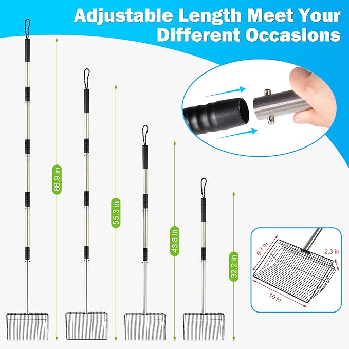 10inch Large Metal Chicken Poop Scooper,32 to 67" Adjustable Long Chicken Coop Litter Scoop,Heavy Duty Sifting Shovel for Chicken Coop & Pet Waste Cleaning-Mewly Pet