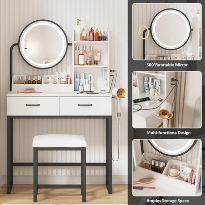Vabches Makeup Vanity with Round Mirror and Lights, White Vanity Makeup Table with Charging Station, Small Vanity Table for Bedroom, 3 Lighting Modes, 31.5in(L)