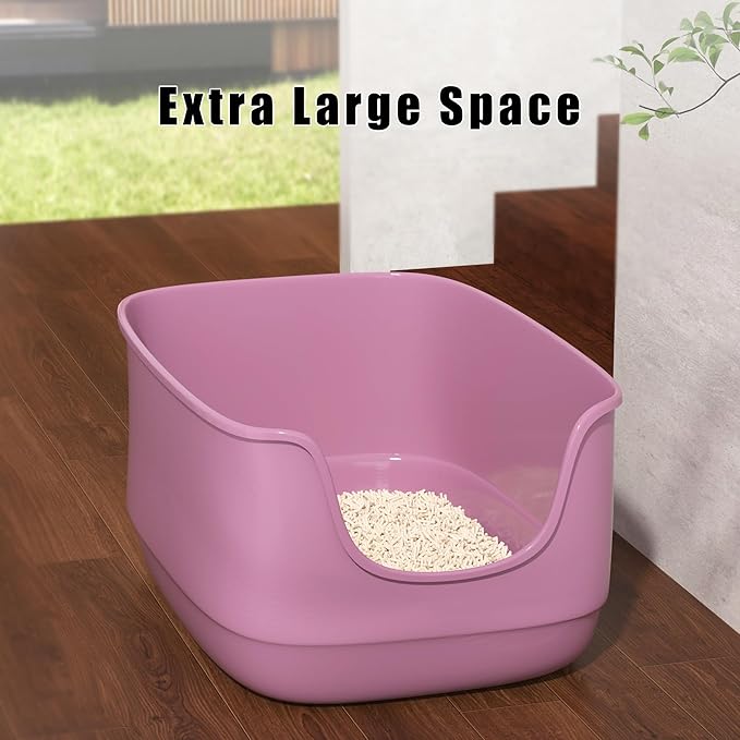 Gefryco Large Cat Litter Box with High Sided 24.6"x18.3"x12.2" - Jumbo Extra Large Open Anti - Splashing High Wall for Multiple Cats (Pink)-Mewly Pet