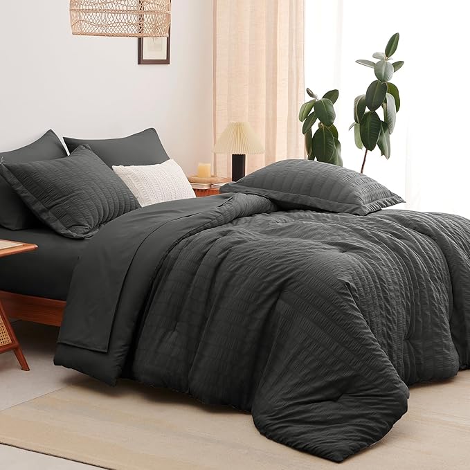 CozyLux Oversized Queen Comforter Set Dark Grey Seersucker 7 Pieces 98x98 Bed in a Bag Comforter Set with Sheets, Luxury Soft Bedding Sets with Down Alternative Comforter, Sheets, Pillowcases & Shams