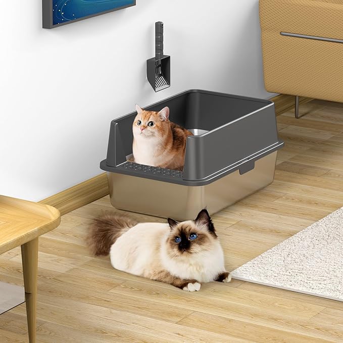 2PACK Stainless Steel Cat Litter Box with High Sides Lid, Extra Large XL Litter Box for Big Cats, Metal Kitty Litter Boxes with Anti-Leakage Enclosure,Non-Stick,Odorless,Scoop Included-Mewly Pet