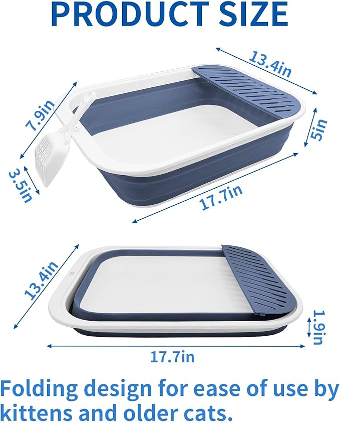 BNOSDM Collapsible Small Cat Litter Box for Kittens Open Potty Pan Foldable Cat Toilet with Scoop Senior Kitty Travel Shallow Litters Boxes Anti-Splash Waterproof Blue 17.7"×13.4"-Mewly Pet