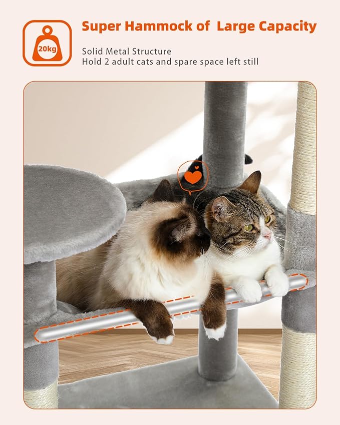 PETEPELA 56.3'' Tall Cat Tree for Indoor Cats, Multi-Level Cat Tower with Super Large Hammock (20''X16''), Sisal Covered Scratching Posts, Cozy Condo and Top Perch Grey-Mewly Pet
