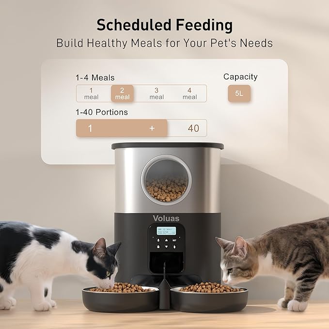VOLUAS Automatic Cat Feeders for Two Cats,Stainless Steel 5L Pet Feeder for Cats and Dogs Timed Cat Feeder Pet Dry Food Dispenser, Silver Black-Mewly Pet