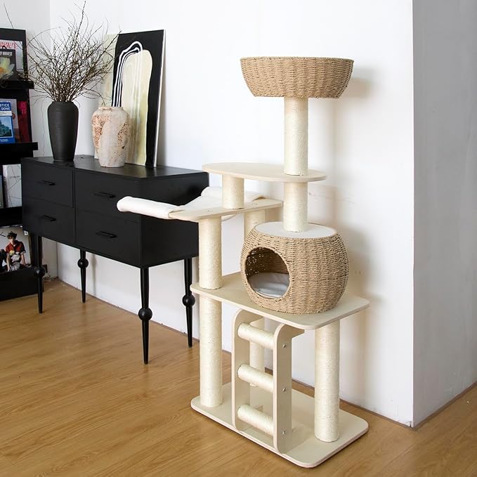 54 Inch Cat Tree for Indoor Cats, Tall Wooden Cat Tower with Scratching Posts, Rattan Condo and Perch, Multi-Level Cat Climber, Stylish Pet Furniture-Mewly Pet