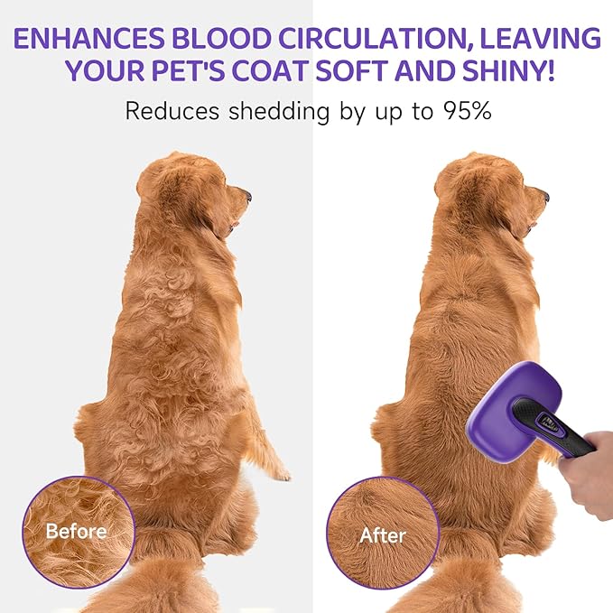 Dog Brush Kit – 3 PCS Grooming Set with Self-Cleaning Brush, Undercoat Rake & Pet Bath Brush. Great for Shedding, Tangles & Dirt Removal – Ideal for Long & Short Haired Dogs & Cats, Purple-Mewly Pet