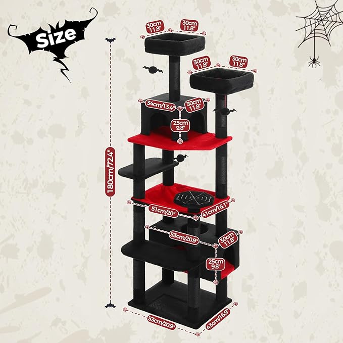 PAWZ Road Large Cat Tree, 72 Inches Gothic Cat Tower for Large Cats, Cat Condo with Sisal-Covered Scratching Posts and Pads, 2 Padded Perch, Dual Condo and Basket for Indoor Cats-Black-Mewly Pet