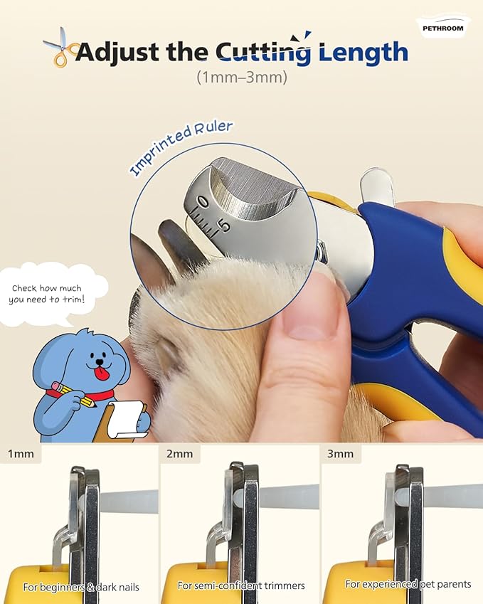 PETHROOM] Professional Dog Nail Clipper with Transparent Guard & Nail File | Adjustable Cutting Length (1-3mm) Sturdy, Durable Stainless Steel Blade | Nail Trimmer for Pets Avoid Overcutting-Mewly Pet