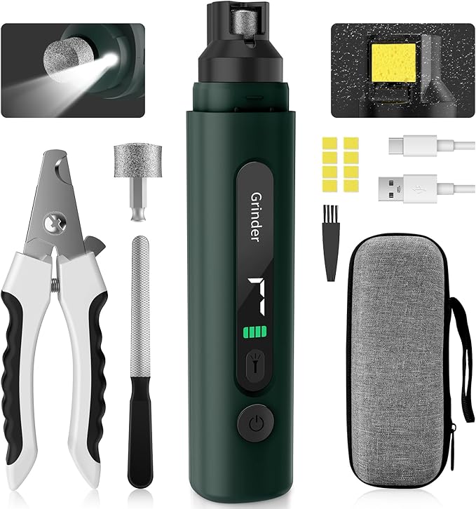 Dog Nail Grinder, 7-Speed Quiet Electric Dog Nail Trimmers, Dog Nail Clippers with Sponge Dust Collection & File for Small Medium Large Dogs, Rechargeable Pet Paw Grooming Supplies Ki(Green)-Mewly Pet