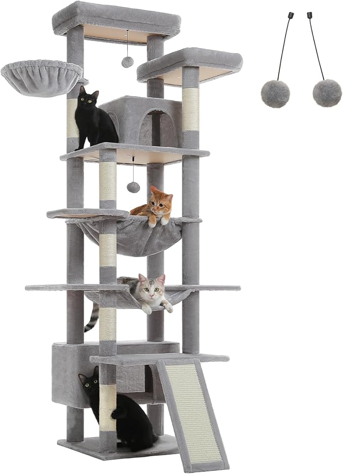 81" Heavy Duty Cat Tree for Large Cats up to 20lbs - Extra Tall Cat Tower with Metal Frame Hammock, 6 Sisal Scratching Posts, 2 Perches - Indoor Cat Furniture for Maine Coon, Big Cats, Gray-Mewly Pet