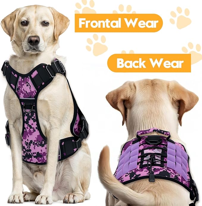 Heavy-Duty Tactical Dog Harness for Large Dogs, No Pull Adjustable Reflective Pet Vest with Molle System, K9 Military-Grade Control for Service Training, Outdoor & 10+ Breeds, Purple Camo, X-Large-Mewly Pet