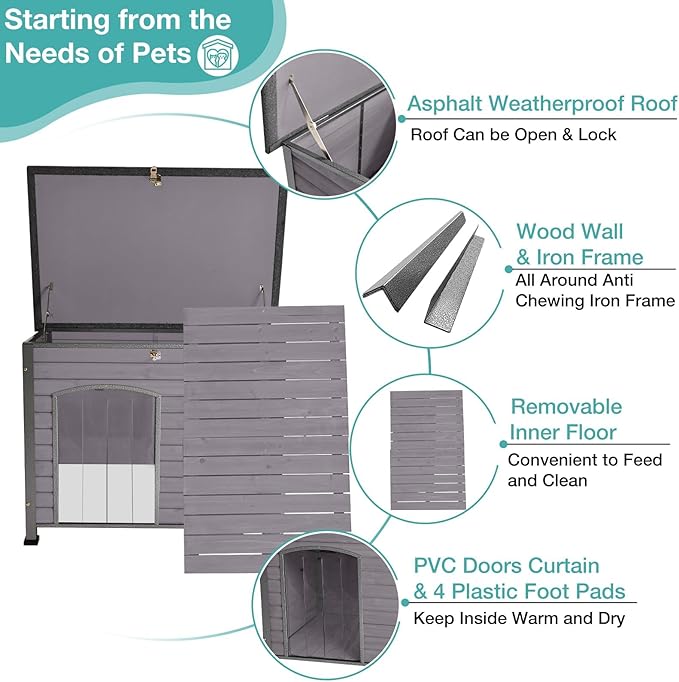 Indoor Outdoor Dog House,Anti-Chewing Iron Frame Dog Kennel,Wood Warm Pets Home,Weatherproof Outside Shelter-Mewly Pet