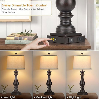 27.5" Farmhouse Table Lamp for Living Room Set of 2,Vintage Bedside Nightstand Lamps with USB C+A Ports & AC Outlet,3-Way Dimmable Touch Control Retro Black Desk Lamp for Bedroom,Black