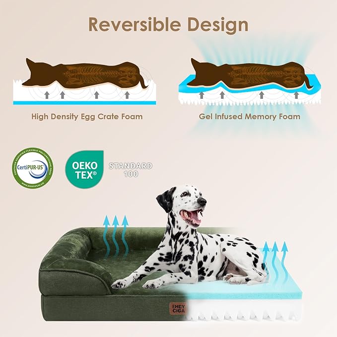 EHEYCIGA Orthopedic Dog Beds for Large Dogs, Waterproof Memory Foam Large Pet Bed with Sides, Non-Slip Bottom and Egg-Crate Foam Dog Couch Bed with Washable Removable Cover, Dark Green-Mewly Pet