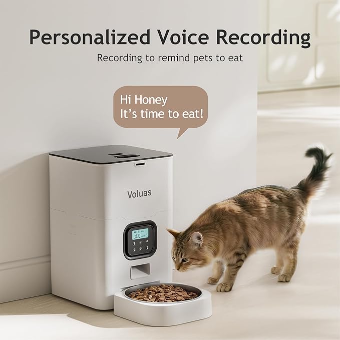 VOLUAS Automatic Cat Feeders - Timed Pet Feeder for Cats and Dogs with Dry Food Dispenser, Desiccant Bag, Programmable Portion Control, 4 Daily Meals, 10s Voice Recorder-Mewly Pet