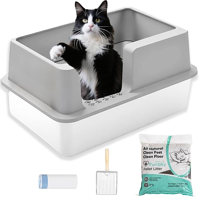 Stainless Steel Sifting Litter Box with Lid, Metal Litter Pan with Scoop for Big Cats Multi Cat, Extra Large Cats Litterbox Odor Control Easy Clean (24 * 16 * 12inch-Side Entry, X-Large)-Mewly Pet