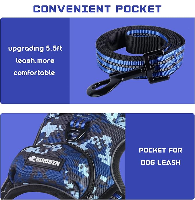 BUMBIN Dog Harness for Large Dogs, No Pull Adjustable No Choke Pet Vest with Dog Leash Fit Smart Reflective Pet Walking Harness for Training Easy Control Soft Handle Blue Camo M-Mewly Pet