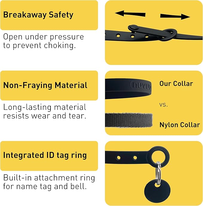 Black Cat Collar - Soft, Comfortable, and Lightweight Breakaway Collar with Name Tag Ring for Outdoor Cats and Sensitive Skin Pets by Nuvuq (6 ⅞" to 10 ¼", Black)-Mewly Pet