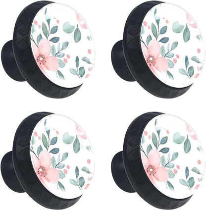 4 PCS Knobs for Dresser Drawers, Pink Flowers Green Leaves Branches ABS Round Kitchen Cabinet Handles Pulls for Kitchen Cupboard Wardrobe Hardware Bedroom