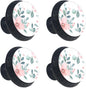 4 PCS Knobs for Dresser Drawers, Pink Flowers Green Leaves Branches ABS Round Kitchen Cabinet Handles Pulls for Kitchen Cupboard Wardrobe Hardware Bedroom