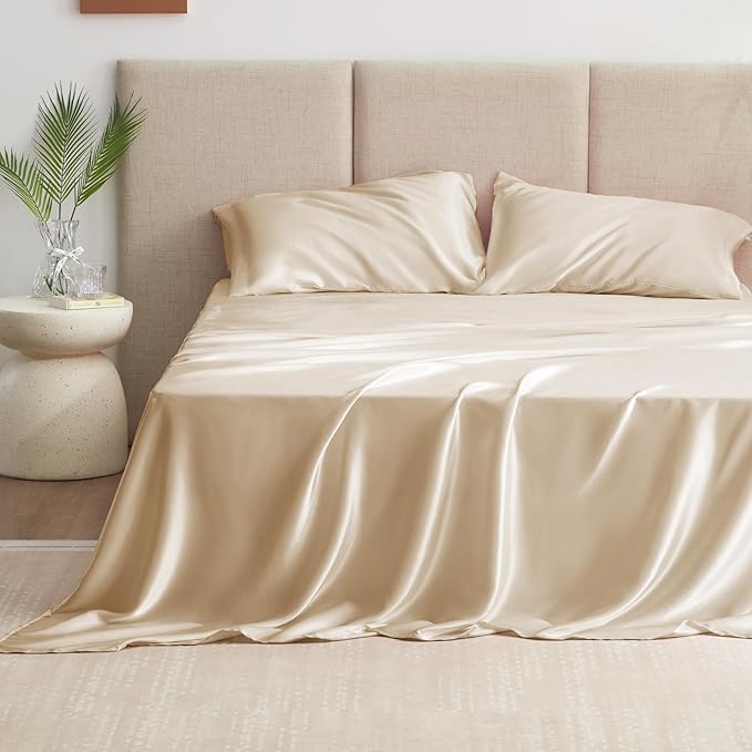 Love's cabin California King Satin Sheet Sets - 4 Piece Beige Silky Sheets Bed Set with Deep Pocket, Luxury Silk Feel Satin Cal King Sheet Set (1 Flat Sheet,1 Fitted Sheet,2 Pillow Cases)