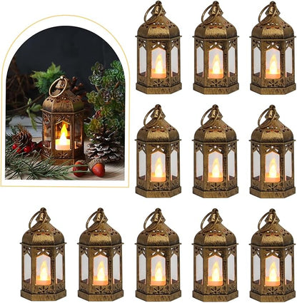 LLQ 12Pcs Mini Lantern with LED Tea Light, Garden Fairy Party Decorations, Battery Included, Vintage Lanterns Decorative, Hanging Candle Lanterns for Halloween Christmas Wedding Table Centerpiece