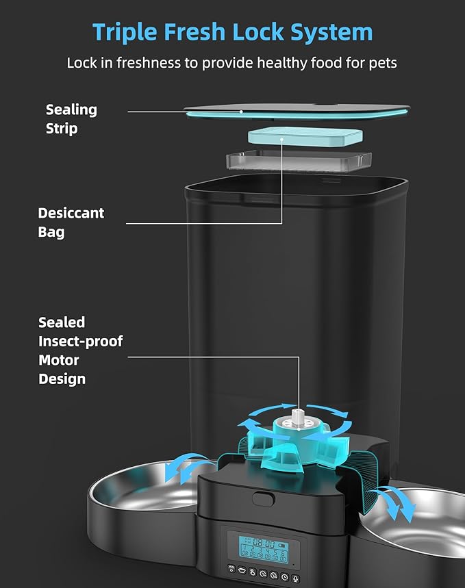 HoneyGuaridan 5L Automatic Cat Feeder for Two Cats, Cat Food Dispenser with Stainless Steel Bowl,Timed Feeder Programmable 1-6 Meals Control, Dual Power Supply,Desiccant Bag Black-Mewly Pet