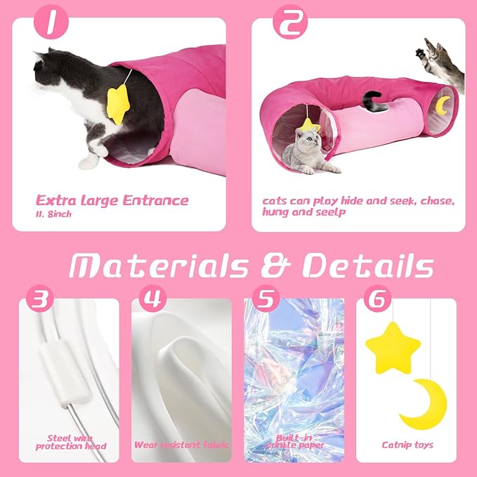 Cat Tunnel, Large Indoor Durable Collapsible Interactive Cat Tube with Peek-A-Boo Hole, Hanging Toys, and Crinkly Paper Lining - Cute Tunnel for Cats, Kittens, Puppies & Rabbits, Pink-Mewly Pet