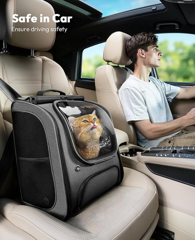 Pecute Cat Backpack Carrier, Large Space Cat Bubble Backpack, Breathable Cat Carrier, Shaded Dog Backpack Carrier, Ergonomic 3D Design for Travel, Hiking, Suitable for Shopping, and Vet, Gray-Mewly Pet