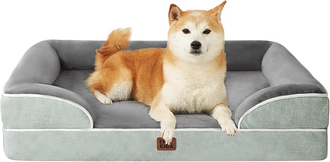 EHEYCIGA Orthopedic Dog Beds for Large Dogs, Waterproof Memory Foam Large Pet Bed with Sides, Non-Slip Bottom and Egg-Crate Foam Dog Couch Bed with Washable Removable Cover, Greyish Green-Mewly Pet