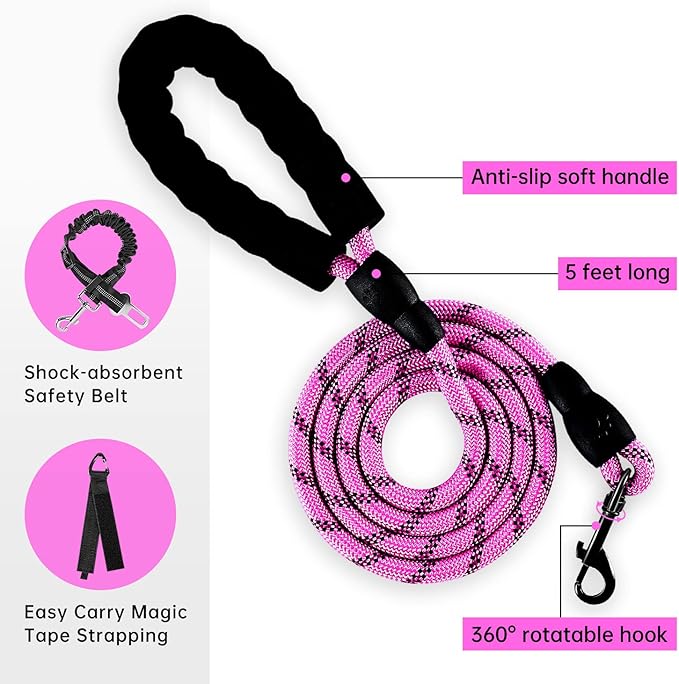 IVY&LANE No Pull Dog Harness for Large Dogs, Dog Vest Harness with Leash, Safety Belt and Storage Strap, Fully Adjustable Harness, 360° Reflective Strip, Soft Handle (Fuchsia Pink, XL)-Mewly Pet