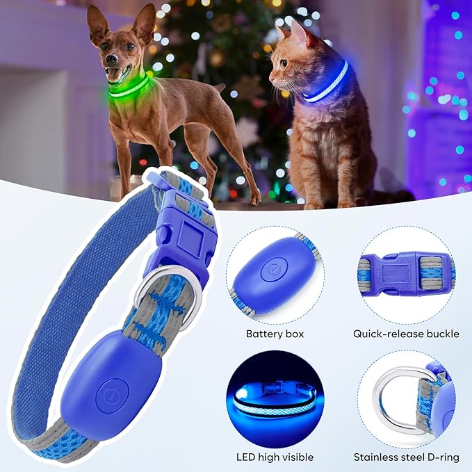 Flashseen LED Cat Collar,Light Up Dog Collar Rechargeable, Dog Lights for Night Walking, Comfortable Soft Mesh Pet Collar Adjustable for Cats Puppy and Small Dogs(Blue, XS)-Mewly Pet