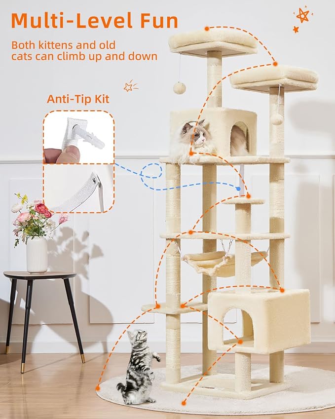 Taoqimiao Cat Tree, 68-Inch Cat Tree Cat Tower for Indoor Cats, Plush Multi-Level Cat Condo with 6 Scratching Posts, 2 Perches, 2 Caves,Hammock, 3 Pompoms,MS020SM Beige-Mewly Pet