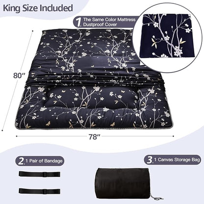 MAXYOYO Navy Floral Printed Japanese Floor Mattress Rustic Style Futon Mattress Foldable Bed Roll Up Camping Mattress Floor Lounger Bed Couches and Sofas Mattress Topper King Size