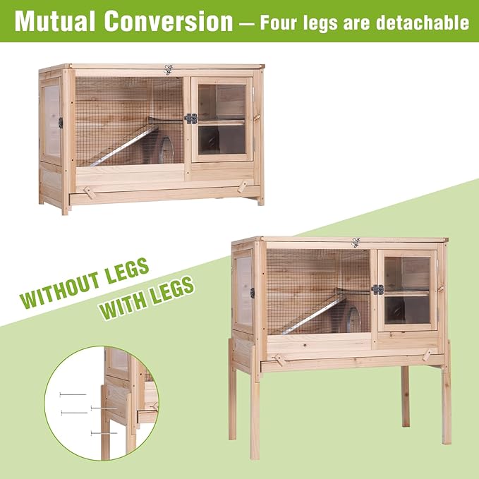 GUTINNEEN Indoor Guinea Pig Cages - Wooden Rabbit Cage Bunny Hutch with Chew-Proof Ramp, Pull-Out Tray, Leakproof PVC Layer & Detachable Legs for Rabbits, Guinea Pigs (Natural Wood)-Mewly Pet